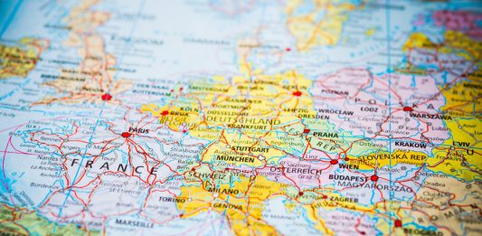 Map of Europe with pins designating where European banks are