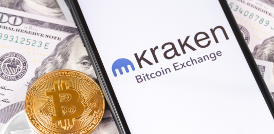 Kraken logo next to bitcoin and money.