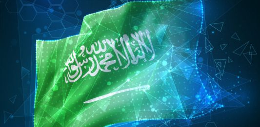Saudi flag with blue digital filter over it.