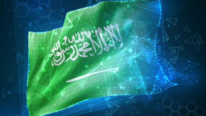 Saudi flag with blue digital filter over it.