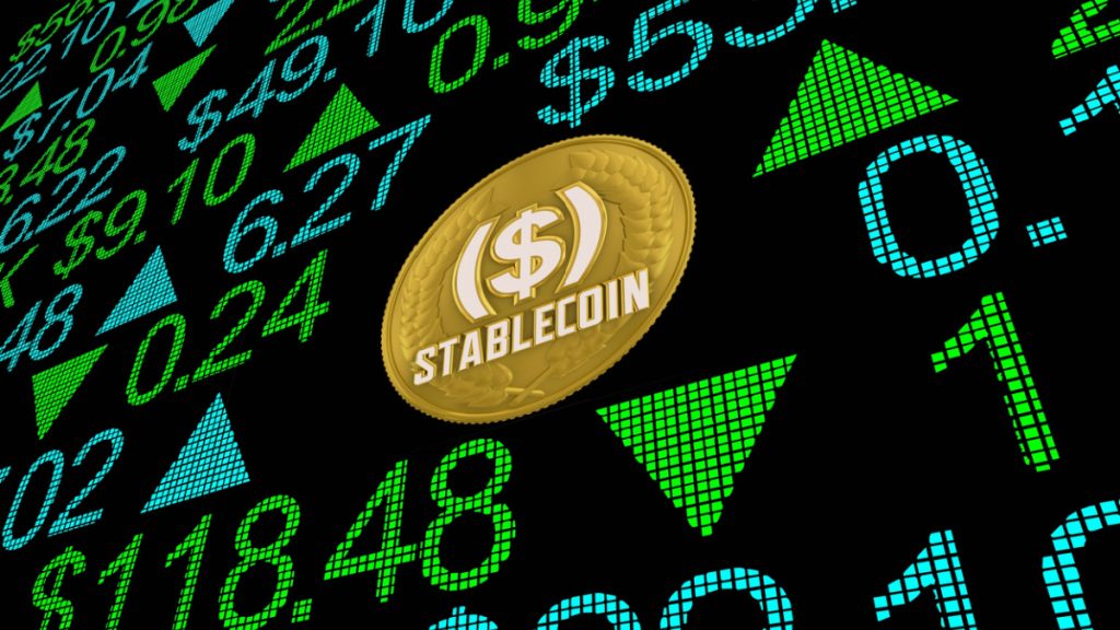 Image of a stablecoins on top of a board mimicking the stock market.