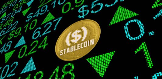 Image of a stablecoins on top of a board mimicking the stock market.