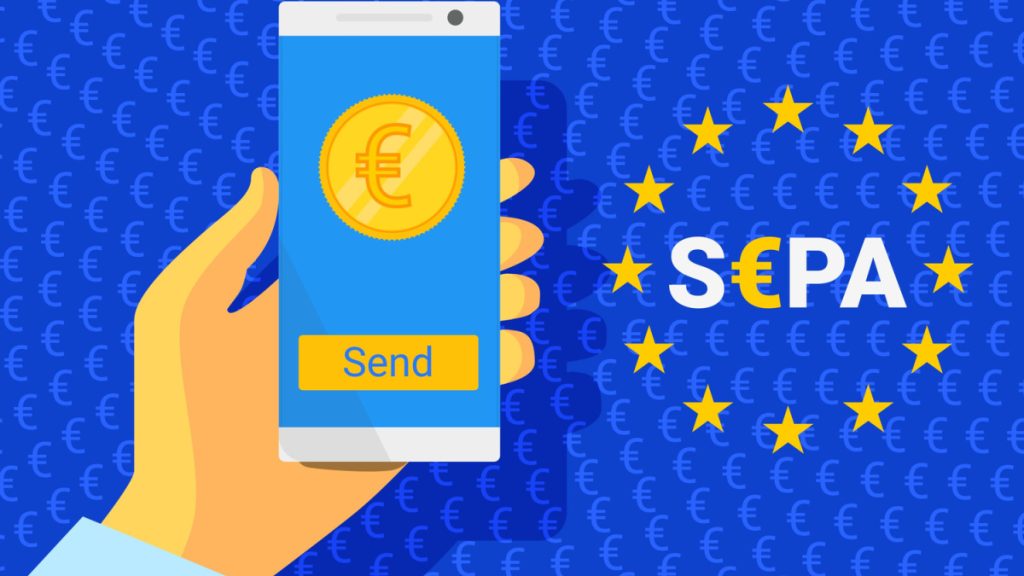 Illustration of a person holding a smart phone with a euro logo on it with an SEPA logo adjacent