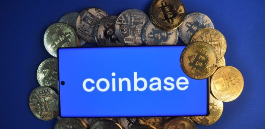 Image of the Coinbase logo surrounded by representations of stablecoins