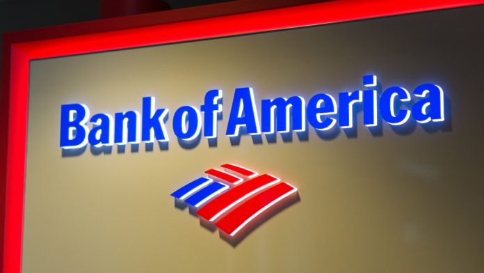 The logo of Bank of America in LAX airport. Bank of America is a banking and financial services corporation.