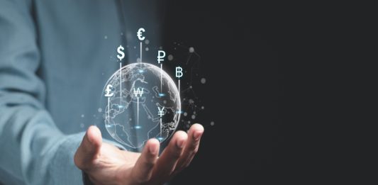 Foreign currency exchange concept, Money transfer, money transaction, global currency network.