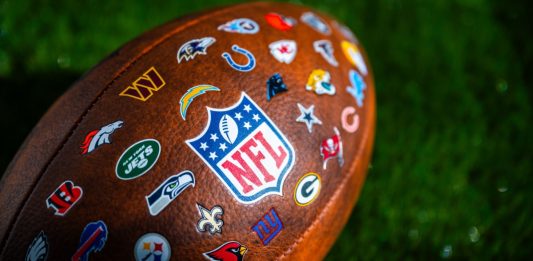 NFL football ball, logo of national football league and logos of all teams.