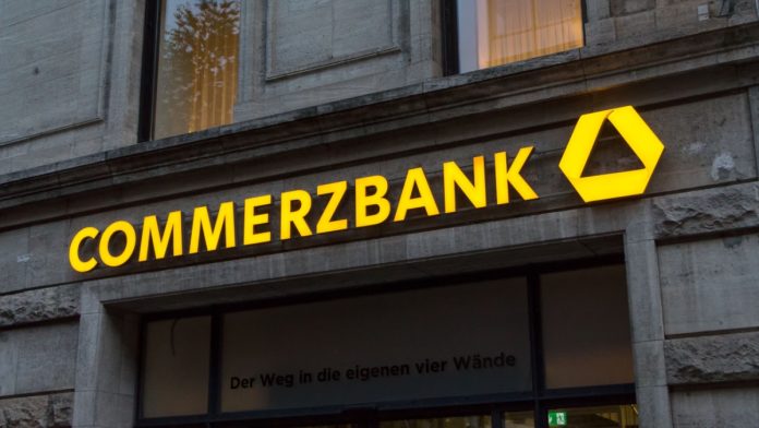 Stuttgart, Germany - SEPTEMBER 11, 2022: Commerzbank logo on Commerzbank store. Commerzbank is a major German bank operating as a universal bank, headquartered in Frankfurt am Main.