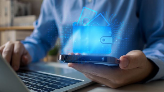 Digital wallet icon.Businessman shopping online with digital currency wallet. Mobile banking, online finance, e-commerce. Dollar, euro, yen, yuan and pound icons.