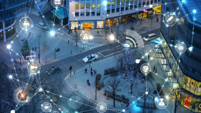 Road junction City of London with network connection icons. Illustration with communication and business icons, network connections concept.