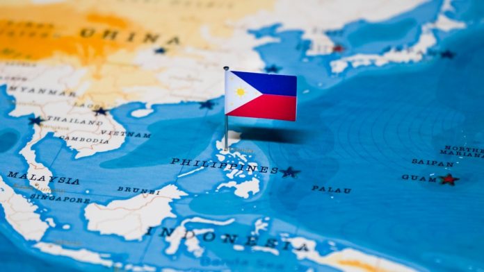The Flag of Philippines in the world map.