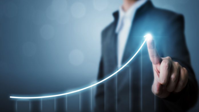 Business development to success and growing growth concept, Businessman pointing arrow graph corporate future growth plan.