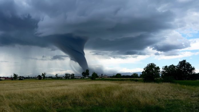 Tornado forming over farmland, dramatic storm clouds touching ground.
