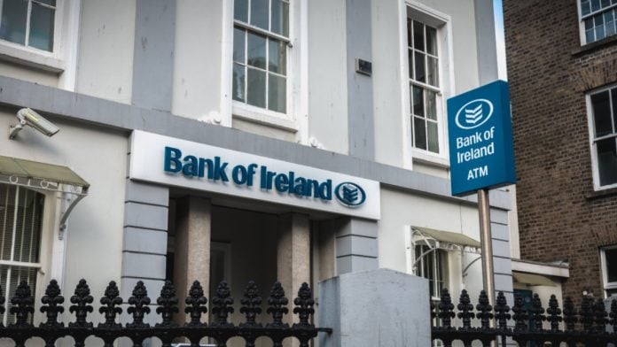 Dublin, Ireland - February 13, 2019: View of the front of a branch of the Bank of Ireland in the historic city centre on a winter day.