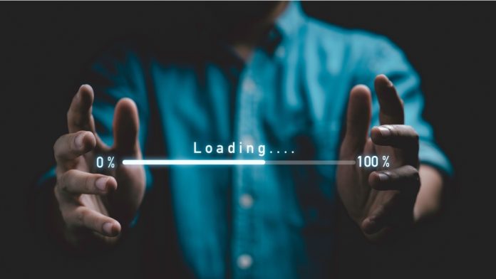 Digital loading bar progress from 0% to 100% between businessman hands for information download data concept.