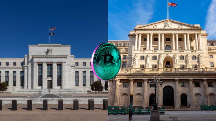 An image of the front of the Federal Reserve and the Bank of England, with a Bitcoin over the top as the crypto market takes a pause before upcoming monetary policy decisions