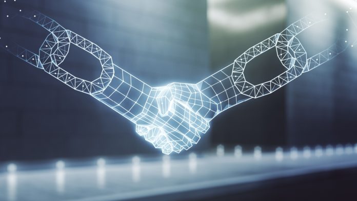 Abstract virtual block chain technology hologram with handshake on blurry contemporary office building background, cryptography and decentralization concept. Multi exposure.