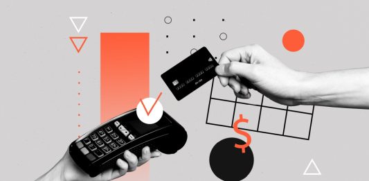 A collage of hands hold cashless credit card payment pos terminal nfc service isolated on painted background