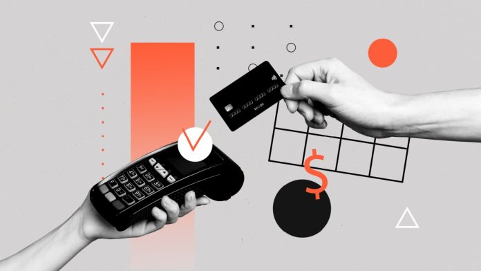 A collage of hands hold cashless credit card payment pos terminal nfc service isolated on painted background