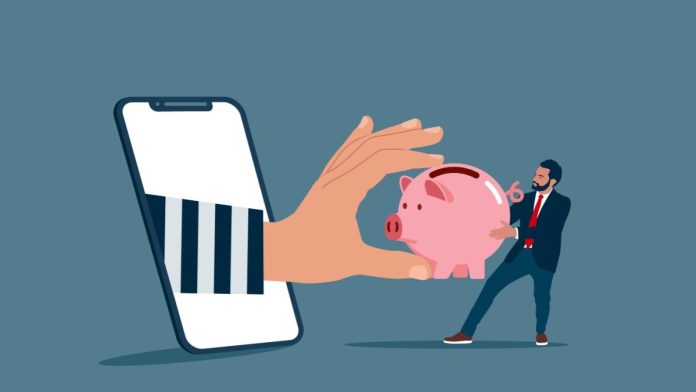 Cartoon image of a hand reaching through a smart phone to a person holding a piggy bank, representing payment scam