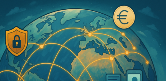 A digital world map or globe with glowing payment network lines connecting different regions (particularly Africa, Southeast Asia, Eastern Europe, representing AML in payments