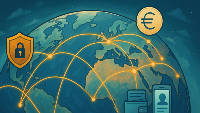 A digital world map or globe with glowing payment network lines connecting different regions (particularly Africa, Southeast Asia, Eastern Europe, representing AML in payments