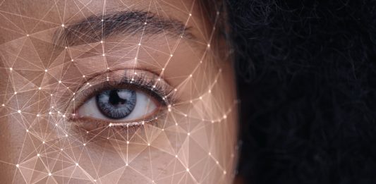 Human Eye Recognition Scanning Process. Close-up Half Face of Young African Woman Scanned Biometric Iris Reading for Facial Recognition. Face Detection. Augmented Reality. For Animation.