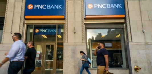 New York NY/USA-July 2, 2019 A branch of PNC Bank in New York