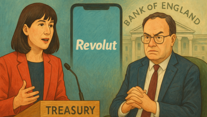 Depiction of Rachel Reeves and Andrew Bailey following their dispute over Revolut