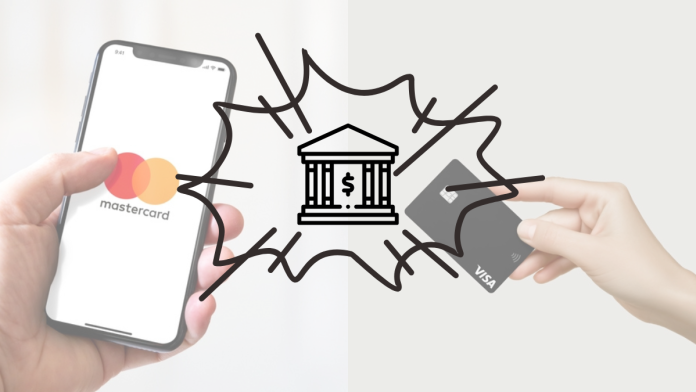 Image of a man holding a smartphone with the Mastercard logo and another hand holding a Visa card