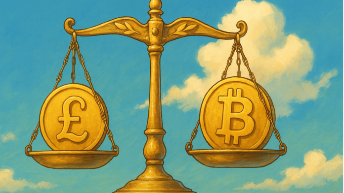 Illustrated image of scales balancing a pound coin and a bitcoin to represent crypto regulation