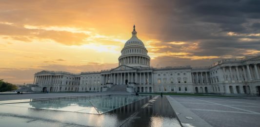 Image of Capitol Hill at sunset following the vote of several bills during crypto week