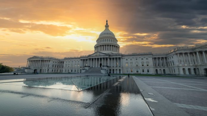 Image of Capitol Hill at sunset following the vote of several bills during crypto week