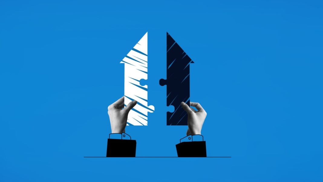 Digital currencies integration represented by Contemporary art collage. Hands connecting puzzle pieces in arrow shapes representing merging of two companies or joint venture. Concept of business, acquisition, retention, partnership, office.