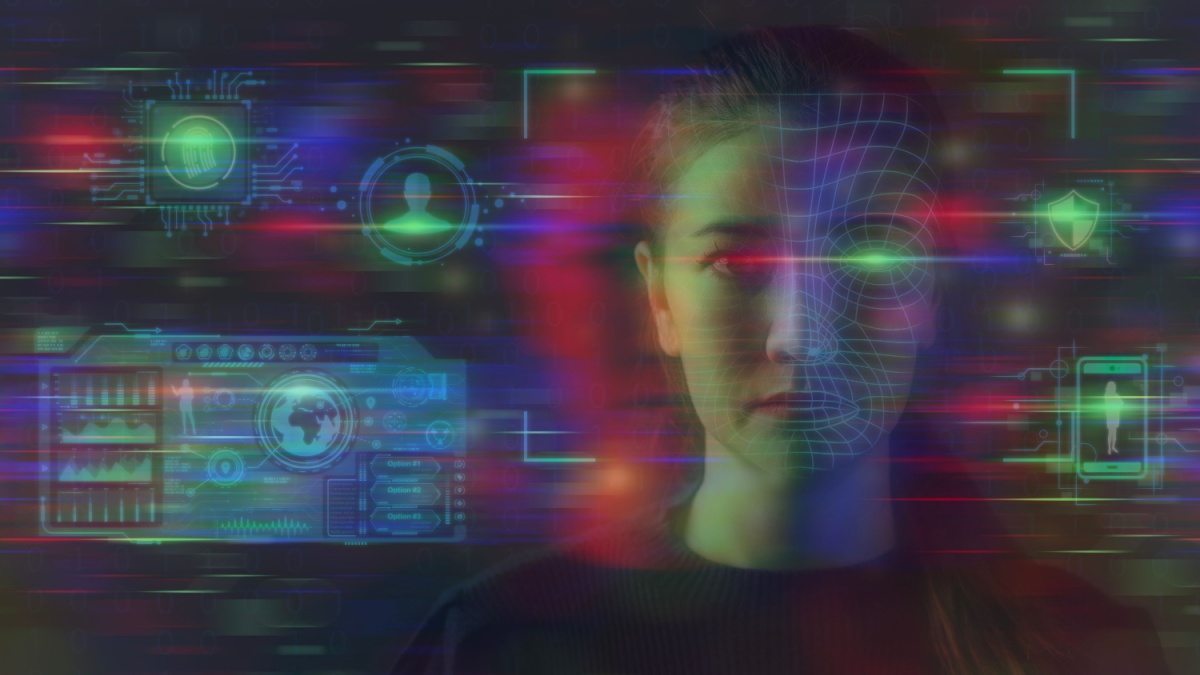 Deepfake concept (AI Image) matching facial movements. Face swapping or impersonation.