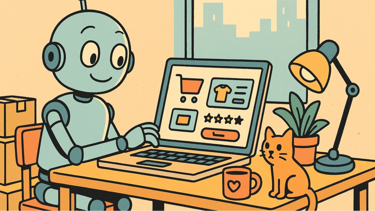 Illustrated image of an AI (robot) sitting at a table doing some online shopping, representative of agentic commerce