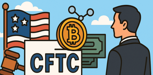 Illustrated image of CFTC logo with a US flag, a bitcoin and a male figure