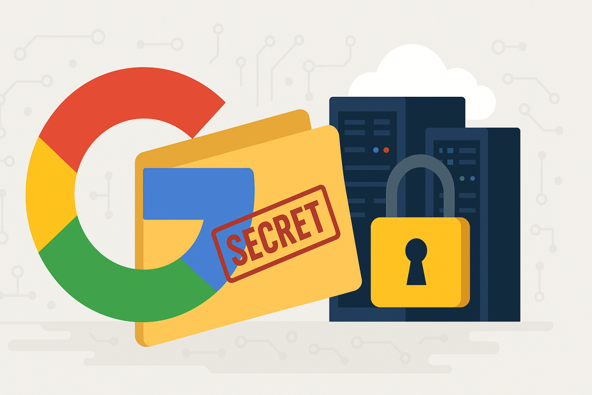 Illustrated image of Google's logo with a secret file and padlock overlayed