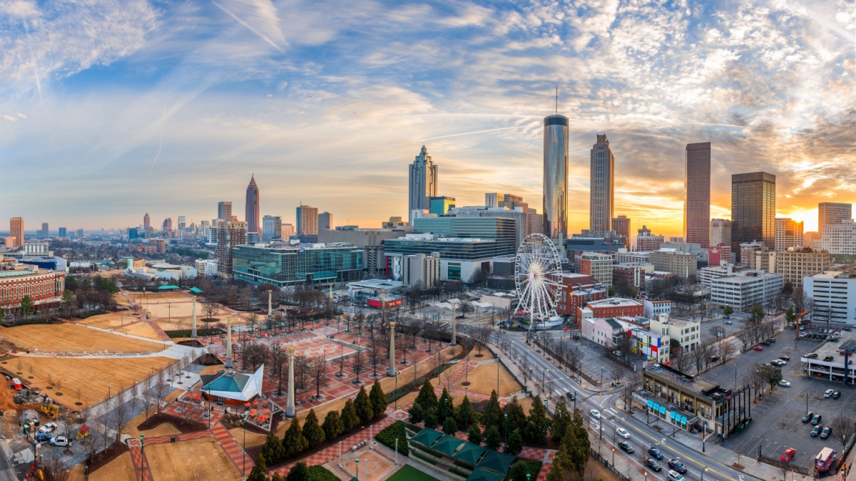 Atlanta, Georgia, USA downtown skyline at dawn.