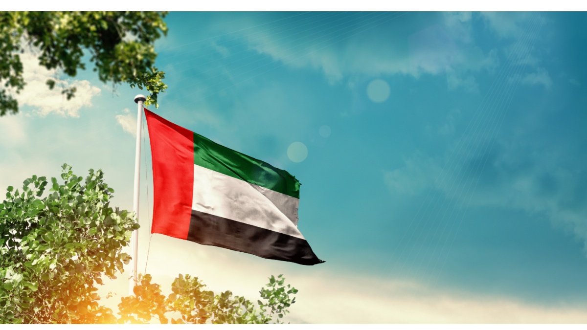 United Arab Emirates national flag waving in the sky behind the tree. The flag blowing with beautiful sunlight. UAE national flag for independence day.