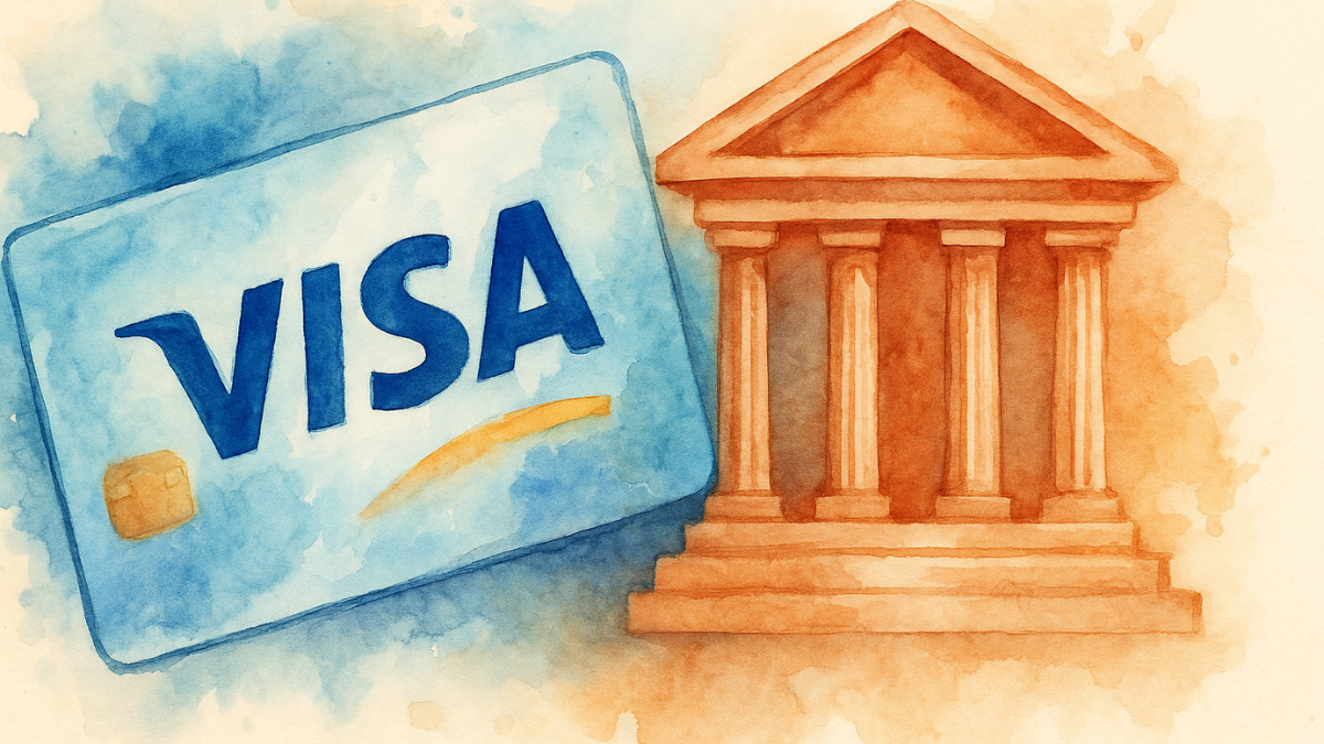 Image of a Visa card next to a courthouse in a watercolour style
