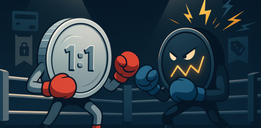 Illustrated image of a stablecoin boxing against a depiction of a cryptoasset