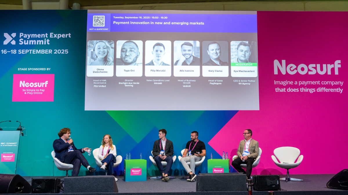 Panelists speaking about instant payments in emerging markets at SBC Summit Lisbon
