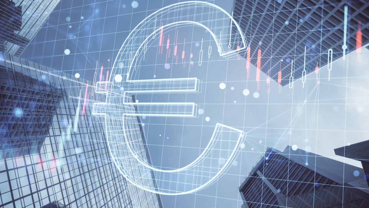 Creative glowing euro hologram and forex chart on blurry city backdrop with grid. Money, trade, market, online banking app, currency and finance concept. Double exposure.