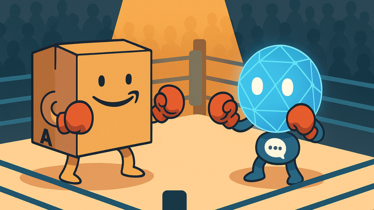 Image of an Amazon parcel facing off against a personification of an AI agent