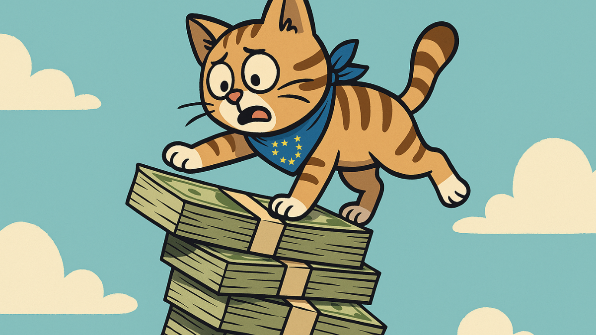 Cartoon cat balancing on the top of a pile of USD