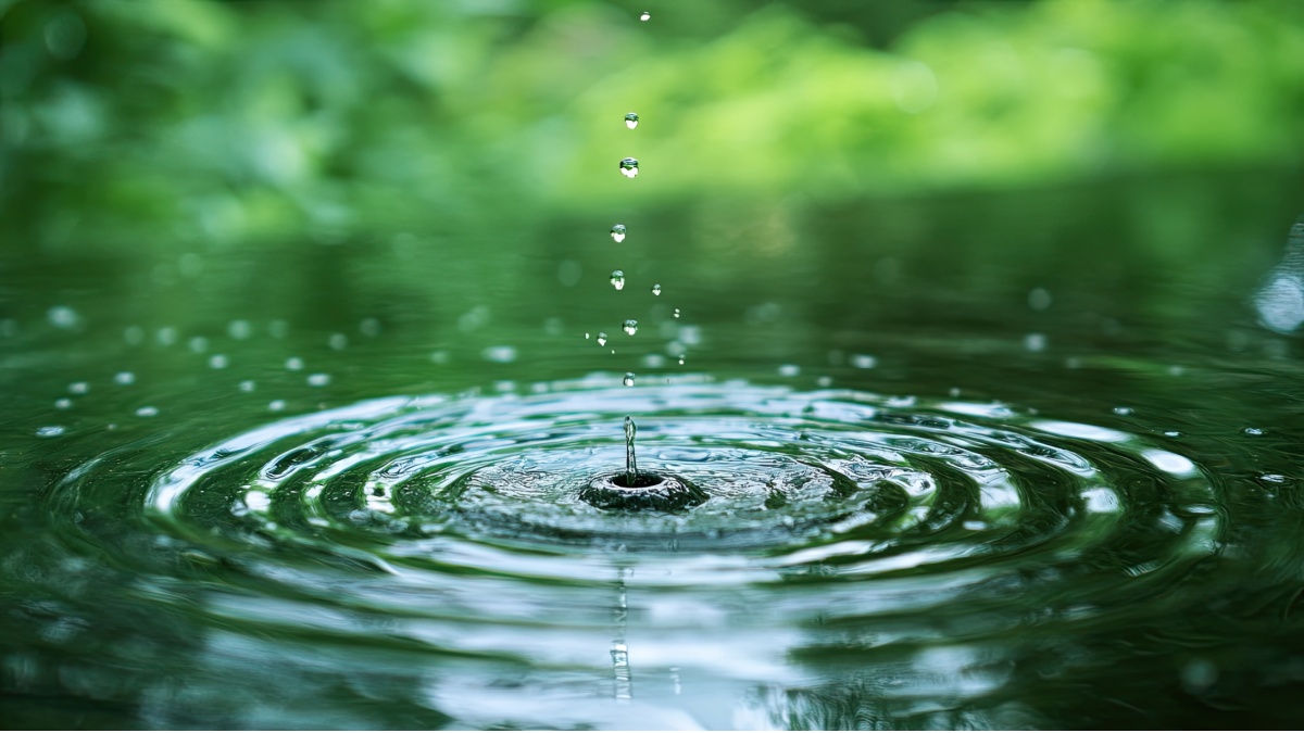 Water droplet falling into still pond, creating concentric ripples.