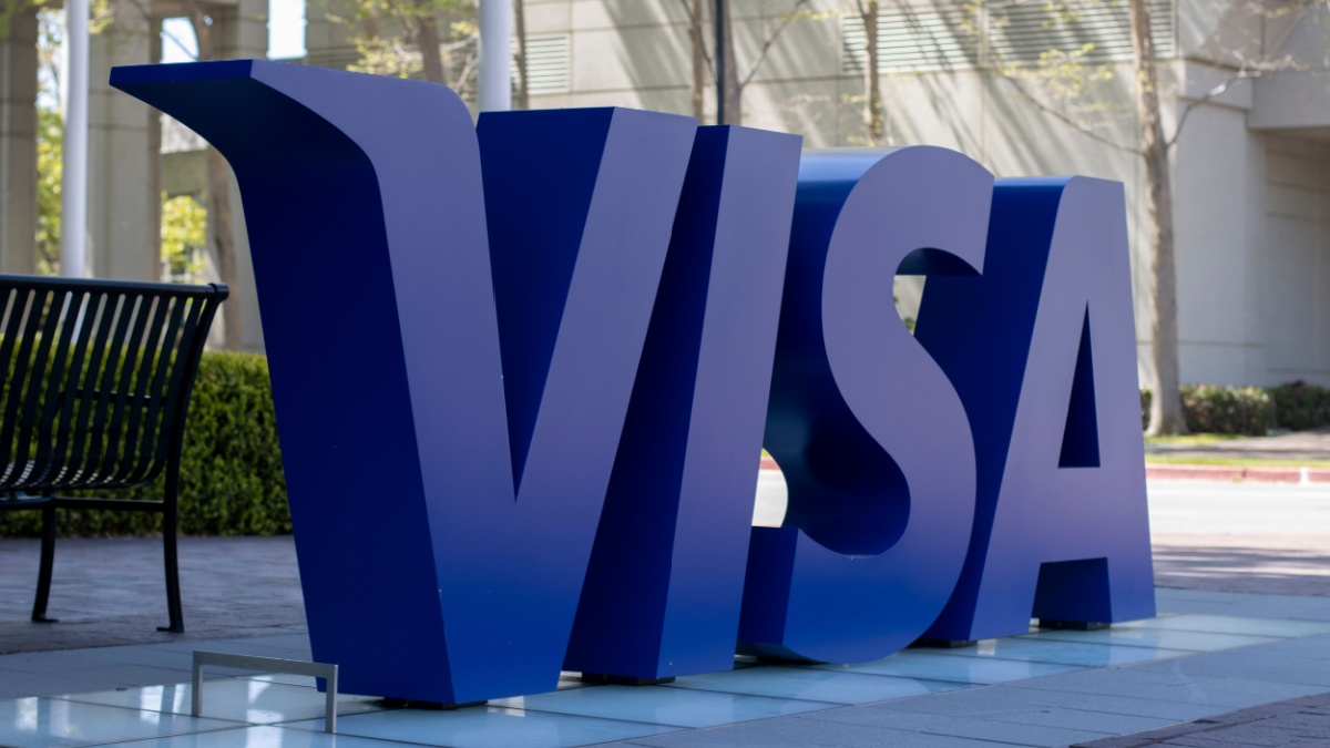 Foster City, CA, USA - May 1, 2022: VISA logo is seen at its headquarters campus in Foster City, California. VISA, Inc. is a global payments technology company.