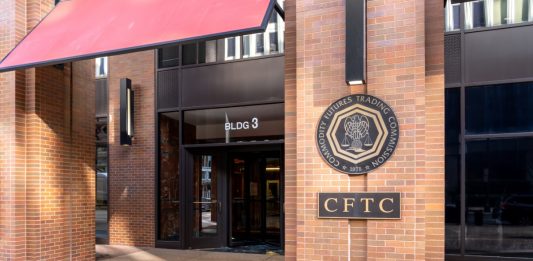 Washington, D.C., USA- January12, 2020: Entrance to the U.S. Commodity Futures Trading Commission (CFTC) on their headquarters building in Washington; CFTC is an agency of the US government.