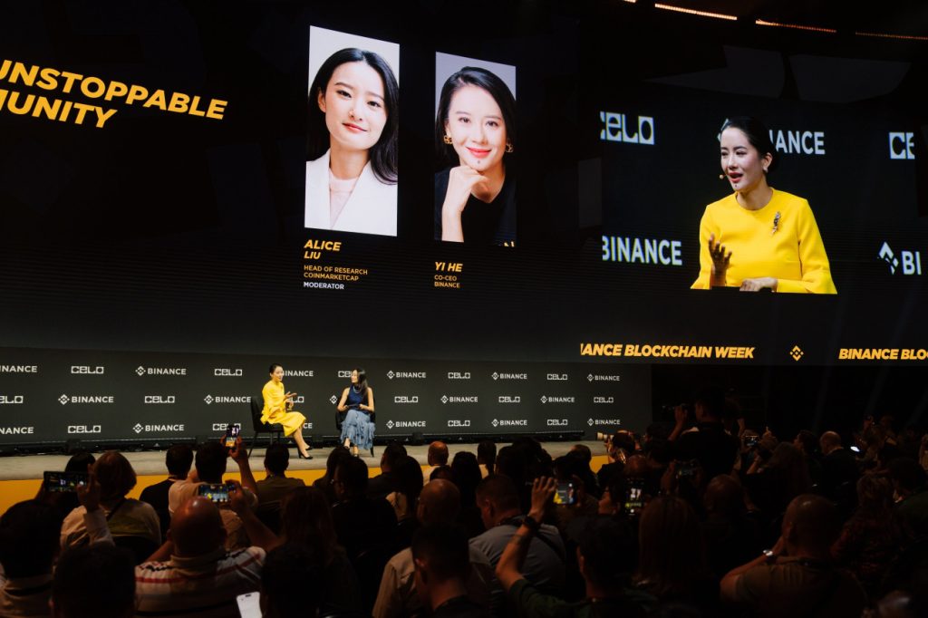 Yi He speaking with Alice Liu at Binance Blockchain week.